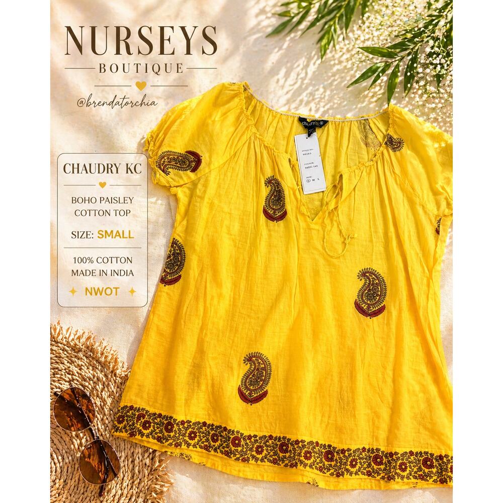 Chaudry KC Yellow Boho Paisley Cotton Top Size Small India NWOT